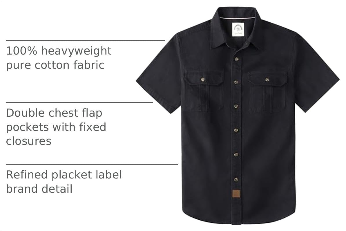 image:imageDubinik Mens Short Sleeve Button Down Shirts 2 Pocket Casual Vintage Cotton Button up Comfortable Western Heavyweight WorkBlack